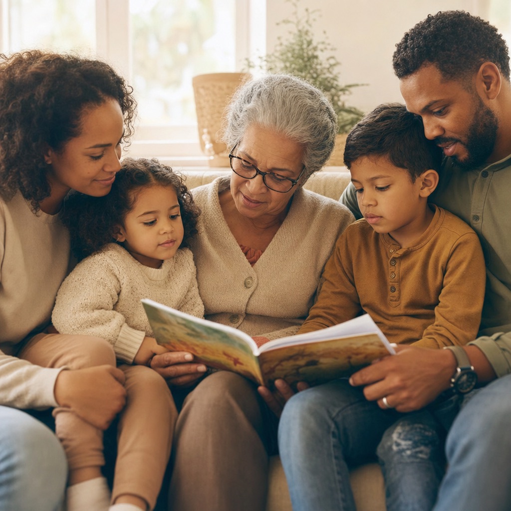 A multigenerational family sitting together at home, reading together