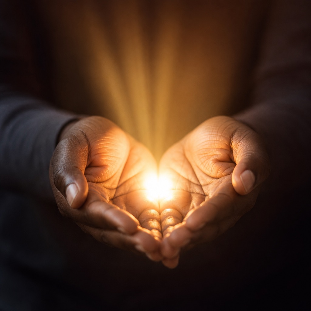 Open hands cradling a small warm light