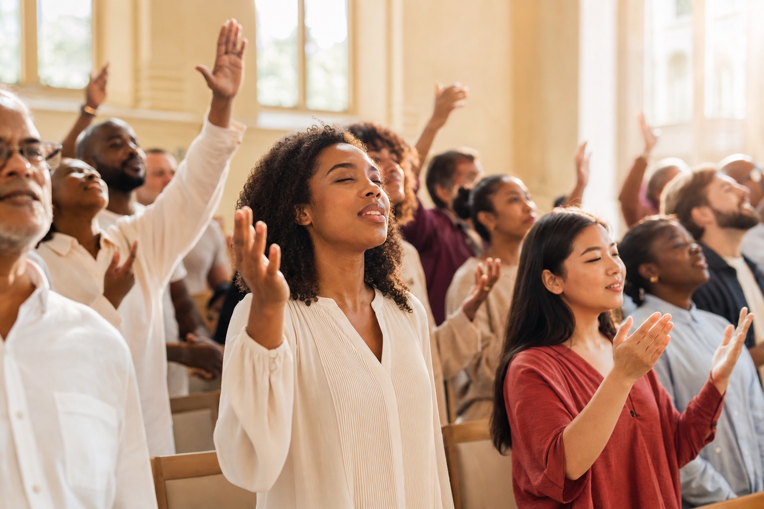 A diverse congregation gathered in worship in warm morning light