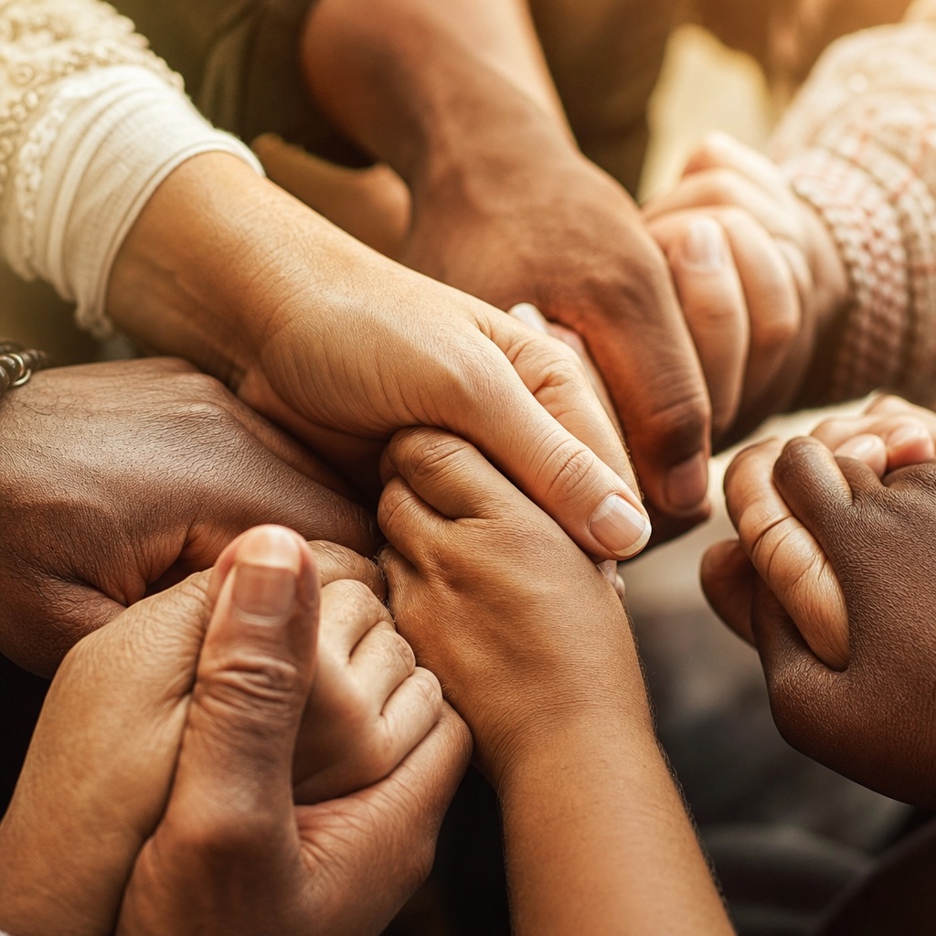Many hands of different skin tones joined together in a circle of prayer