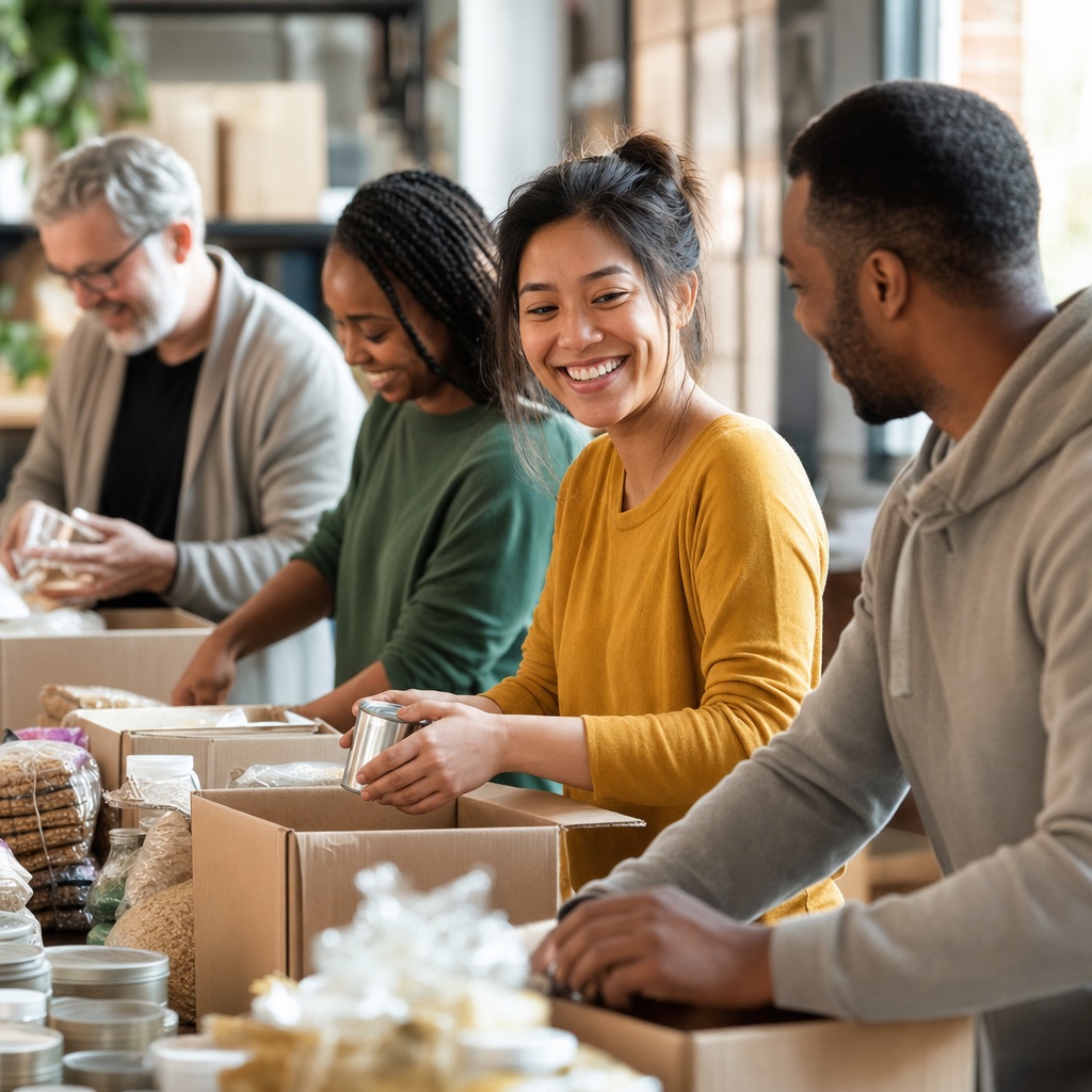 Volunteers packing supplies together to serve the community
